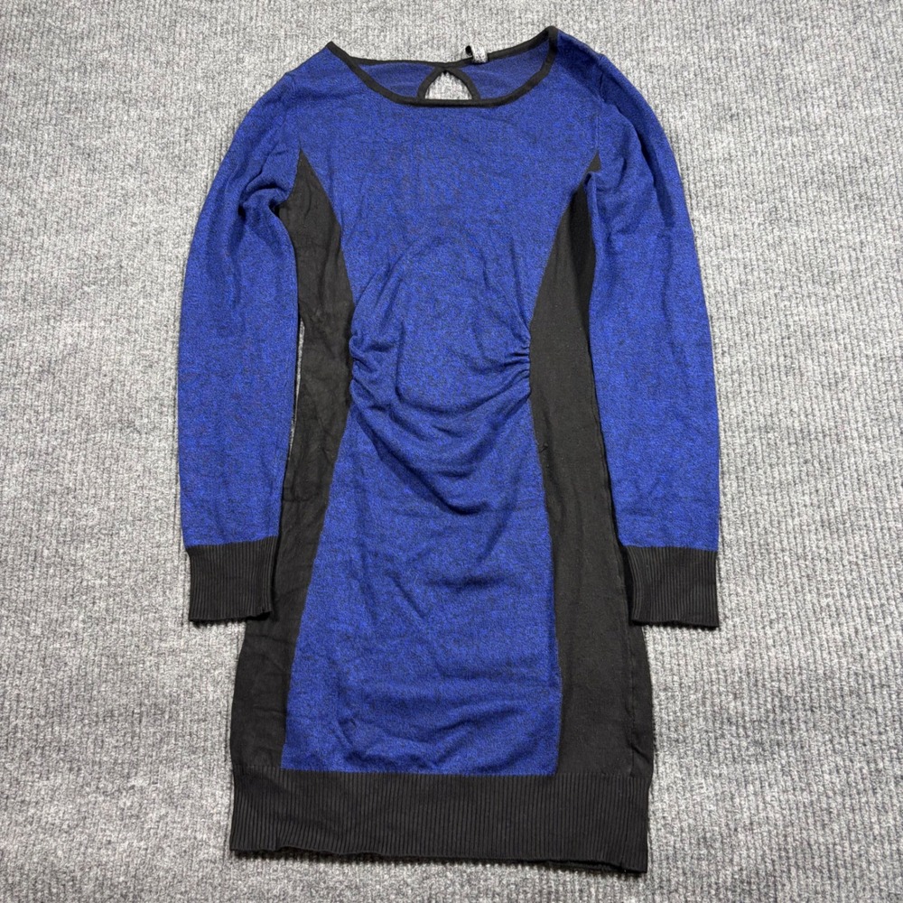 Poof Couture Dress Womens L Blue Black Colorblock Ruched Knit Mini